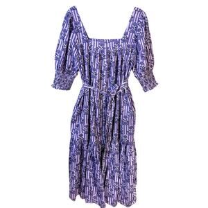 Ophelia & Indigo Purple Floral Stripe Self Tie Midi Dress - Size Large
